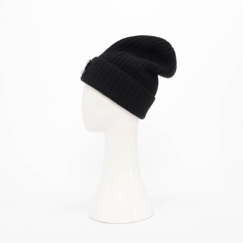 Chanel Black Cashmere Beanie with Removable CC Brooch - Blue Spinach