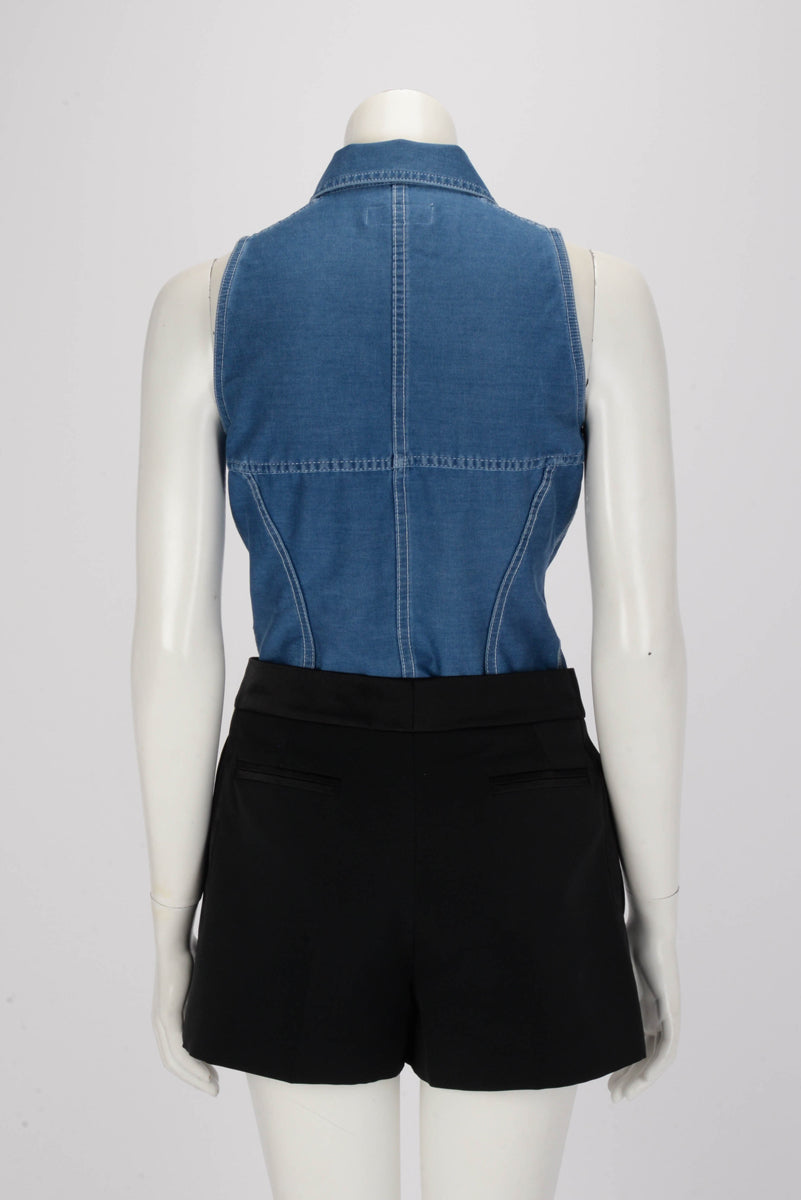 Saint Laurent Blue Stretch Denim Button Up Bodysuit FR 42