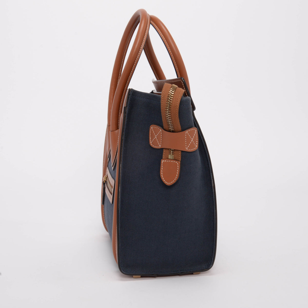 Celine Tan & Navy Canvas & Leather Micro Luggage Tote