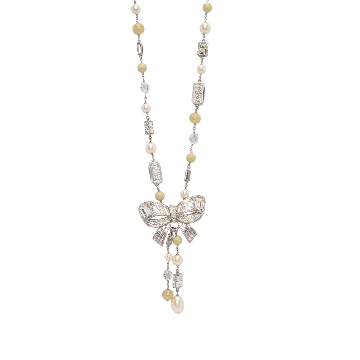 Chanel Vintage Silver Baguette Crystal & Pearl Bow Necklace