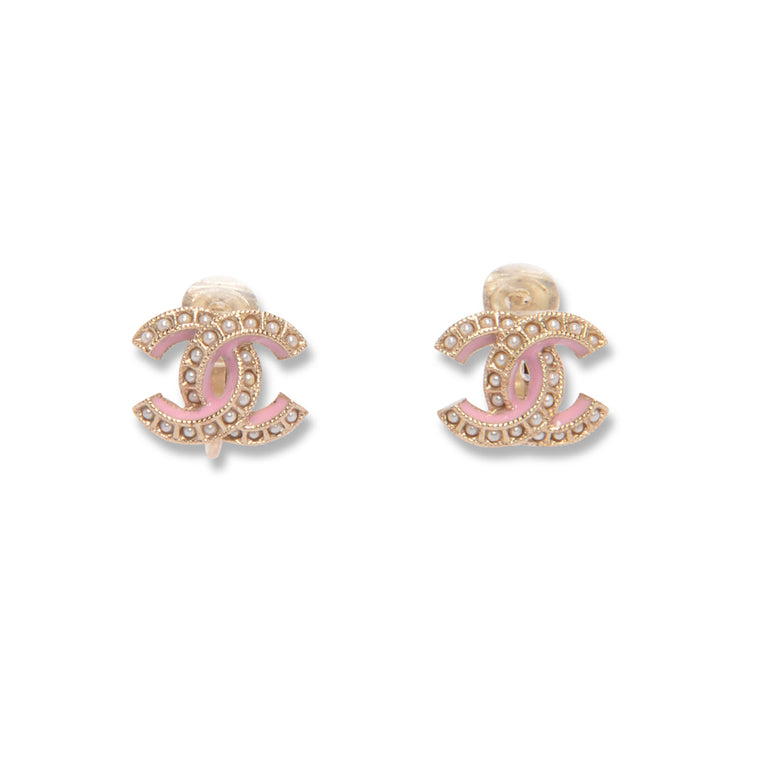 Chanel Light Gold & Pink Enamel & Pearl CC Clip-on Earrings