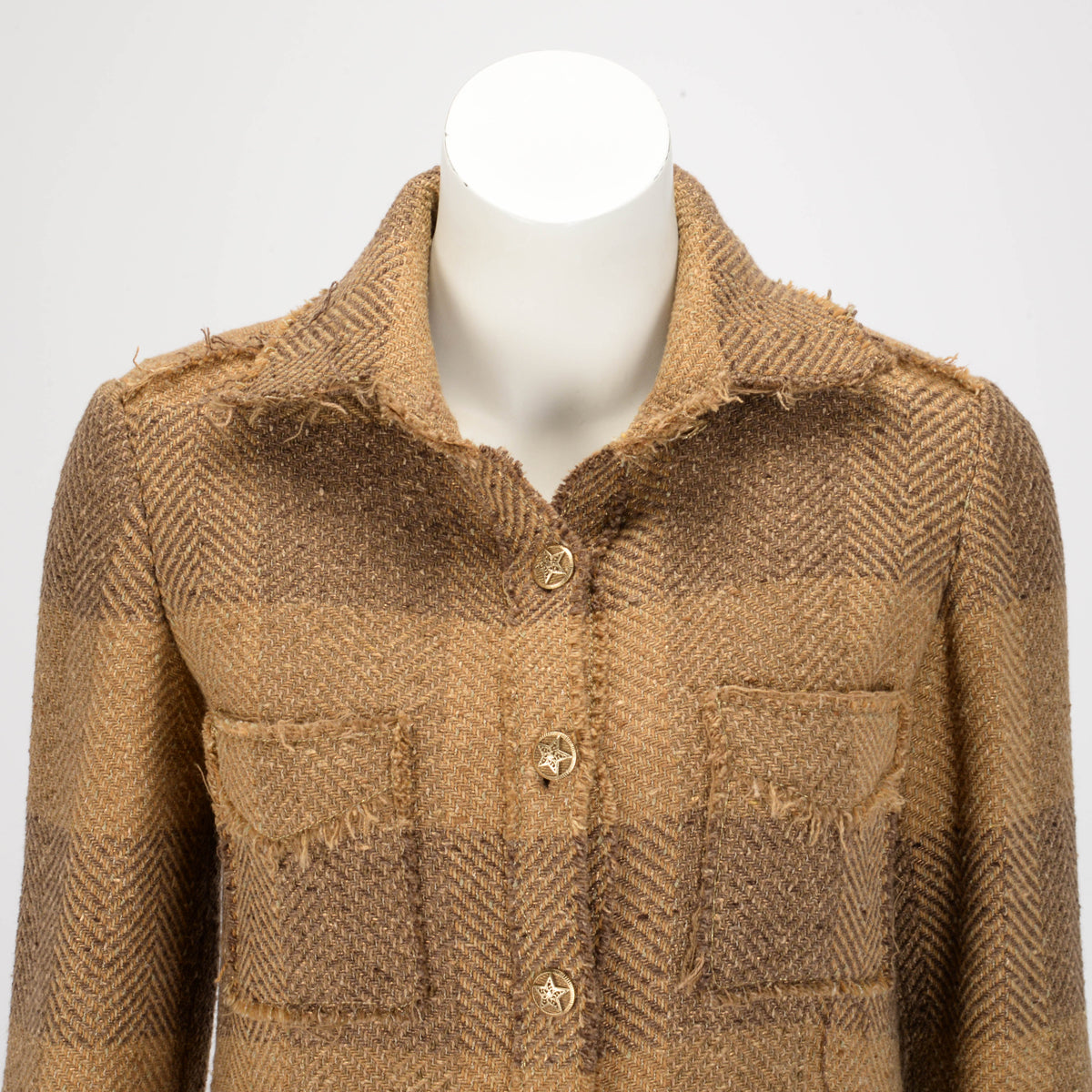 Chanel Brown Chevron Tweed Shirt Jacket FR 34