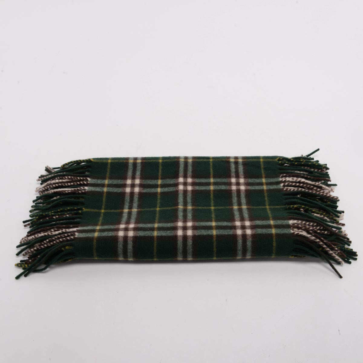 Burberry Green Cashmere Check Fringed Scarf