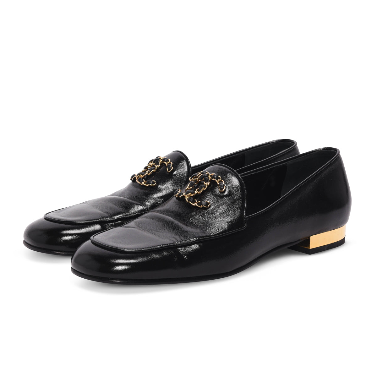 Chanel Black Glazed Goatskin Chain CC Loafers 41