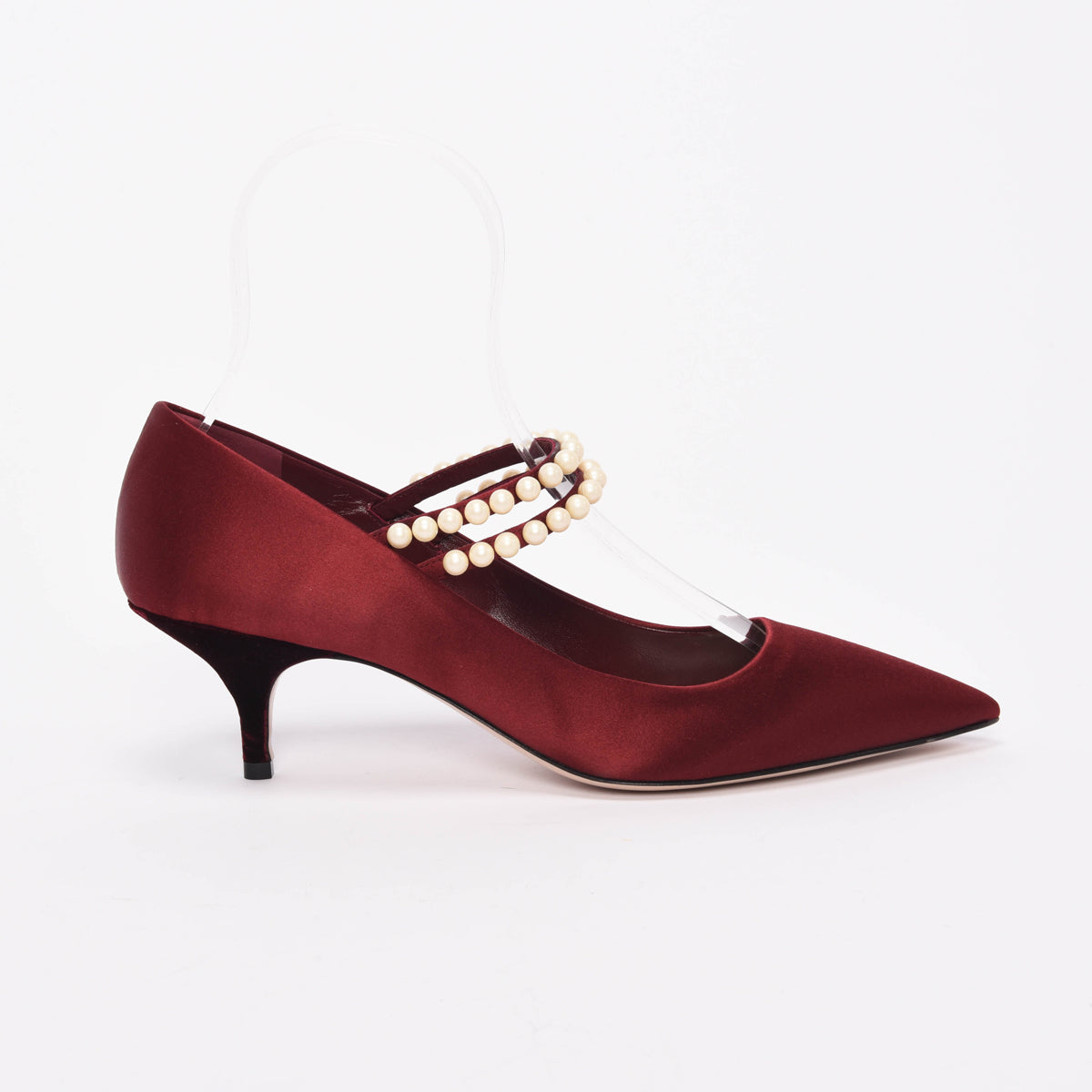 Miu Miu Burgundy Satin Pearl Strap Pumps 41