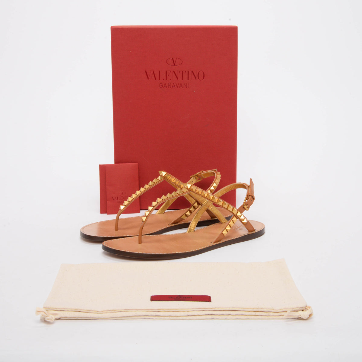 Valentino Tan Leather Rockstud Thong Sandals 38.5