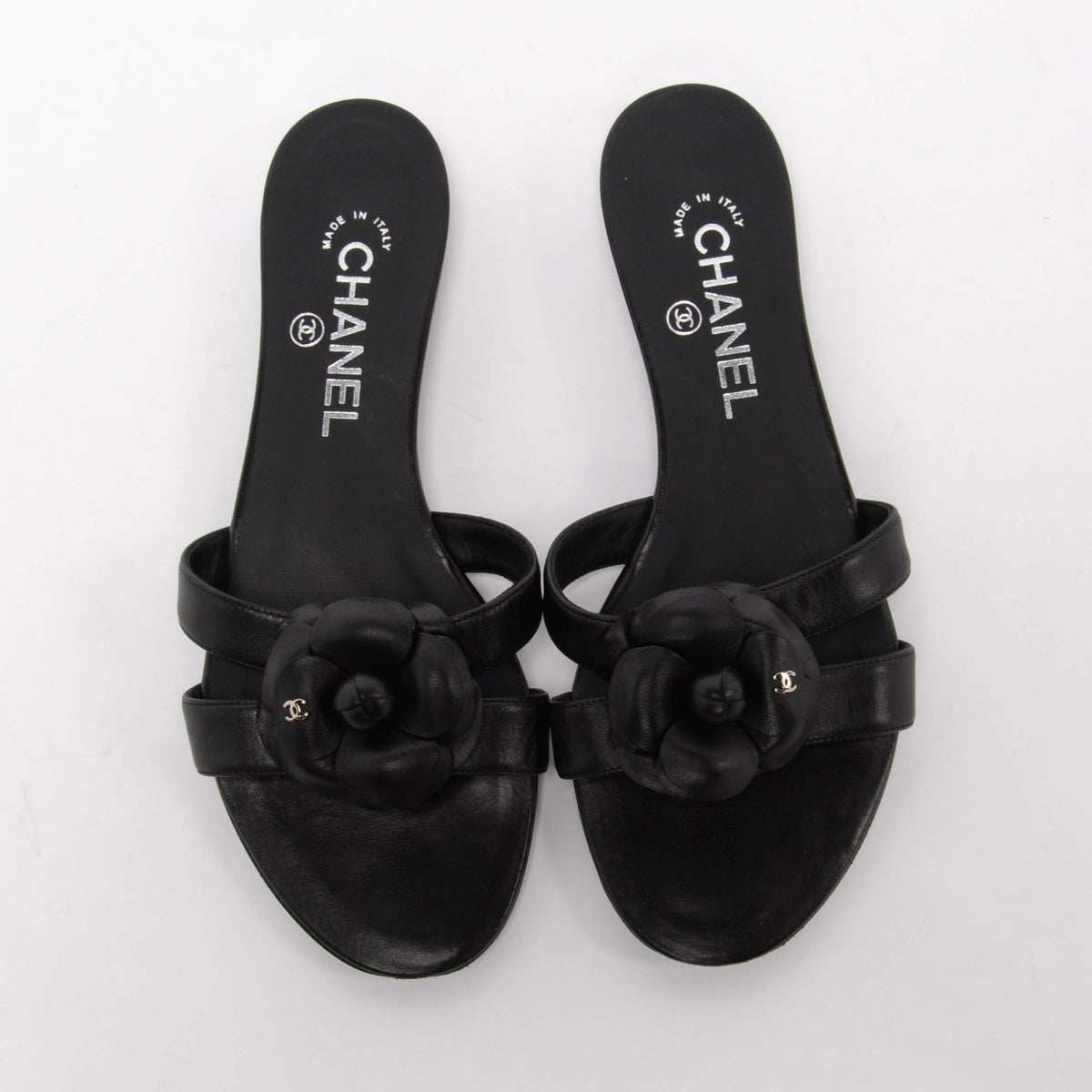 Chanel Black Lambskin Camellia Thong Sandals 38.5