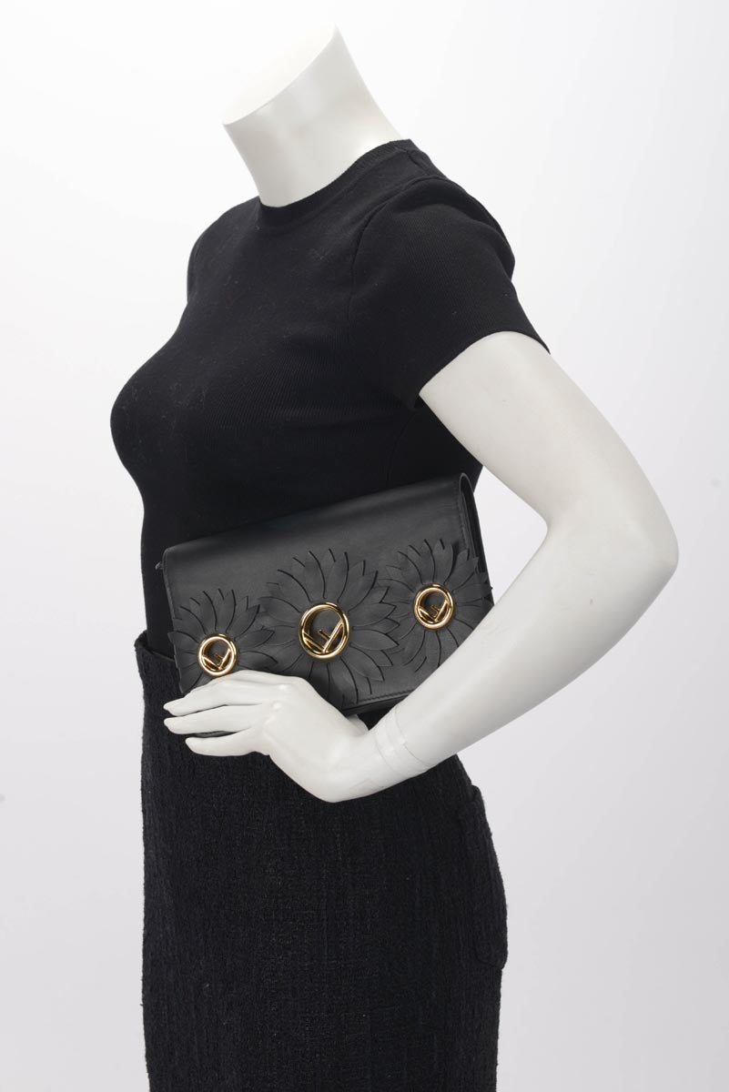 Fendi Black Calfskin F Is Fendi Embellished Clutch