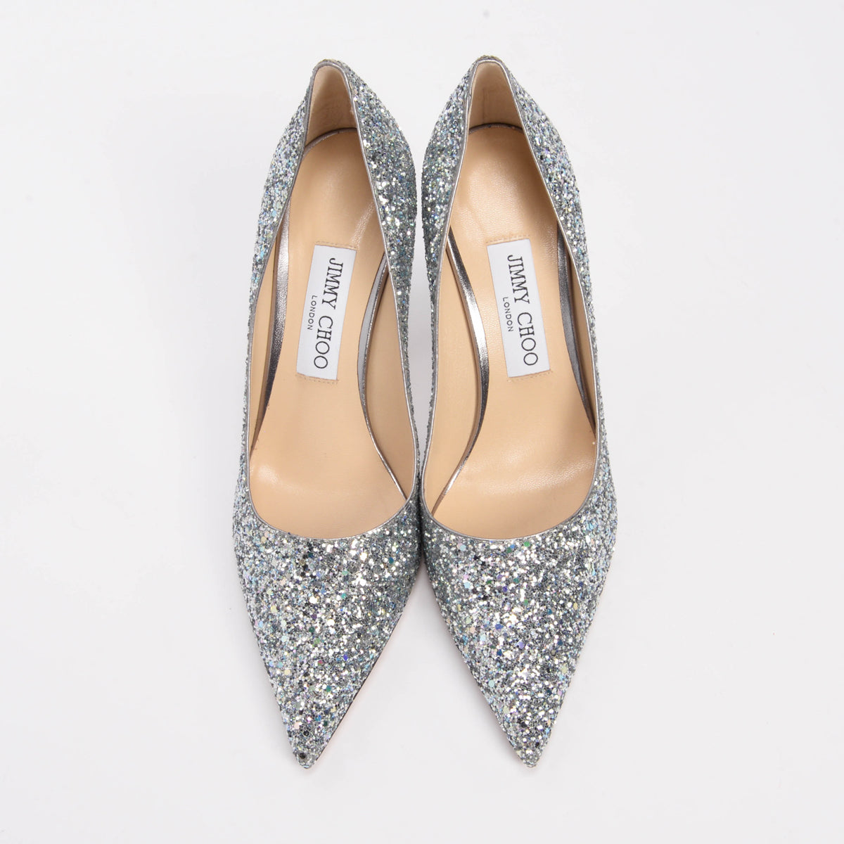 Jimmy Choo Silver Glitter Love Pumps 38