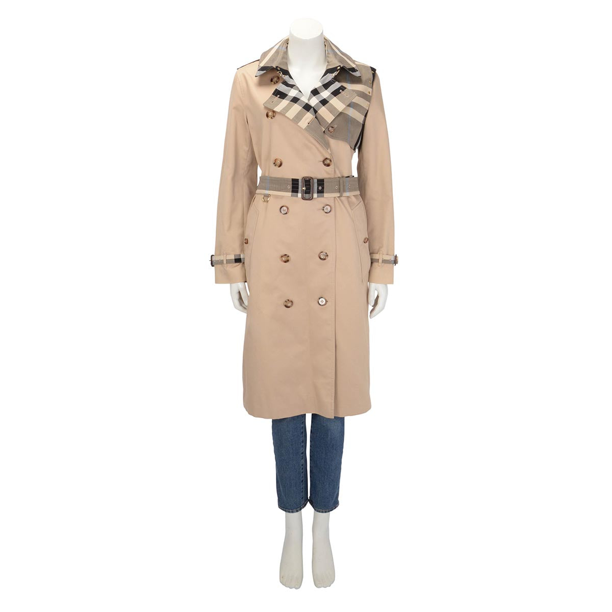 Burberry Soft Fawn Cotton Gabardine Check Panel Trench Coat UK 12