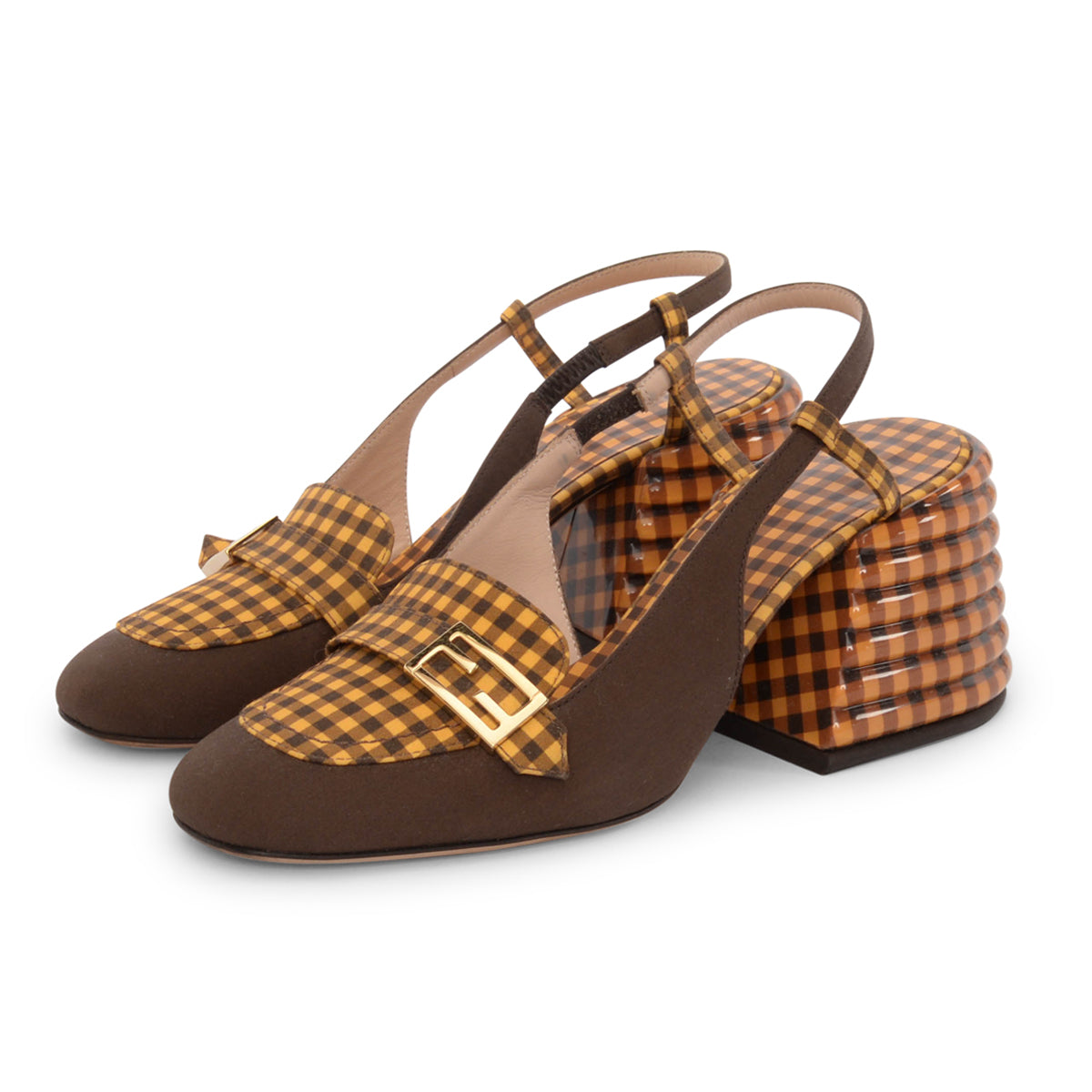 Fendi Brown & Yellow Check Promenade Slingback Loafers 36