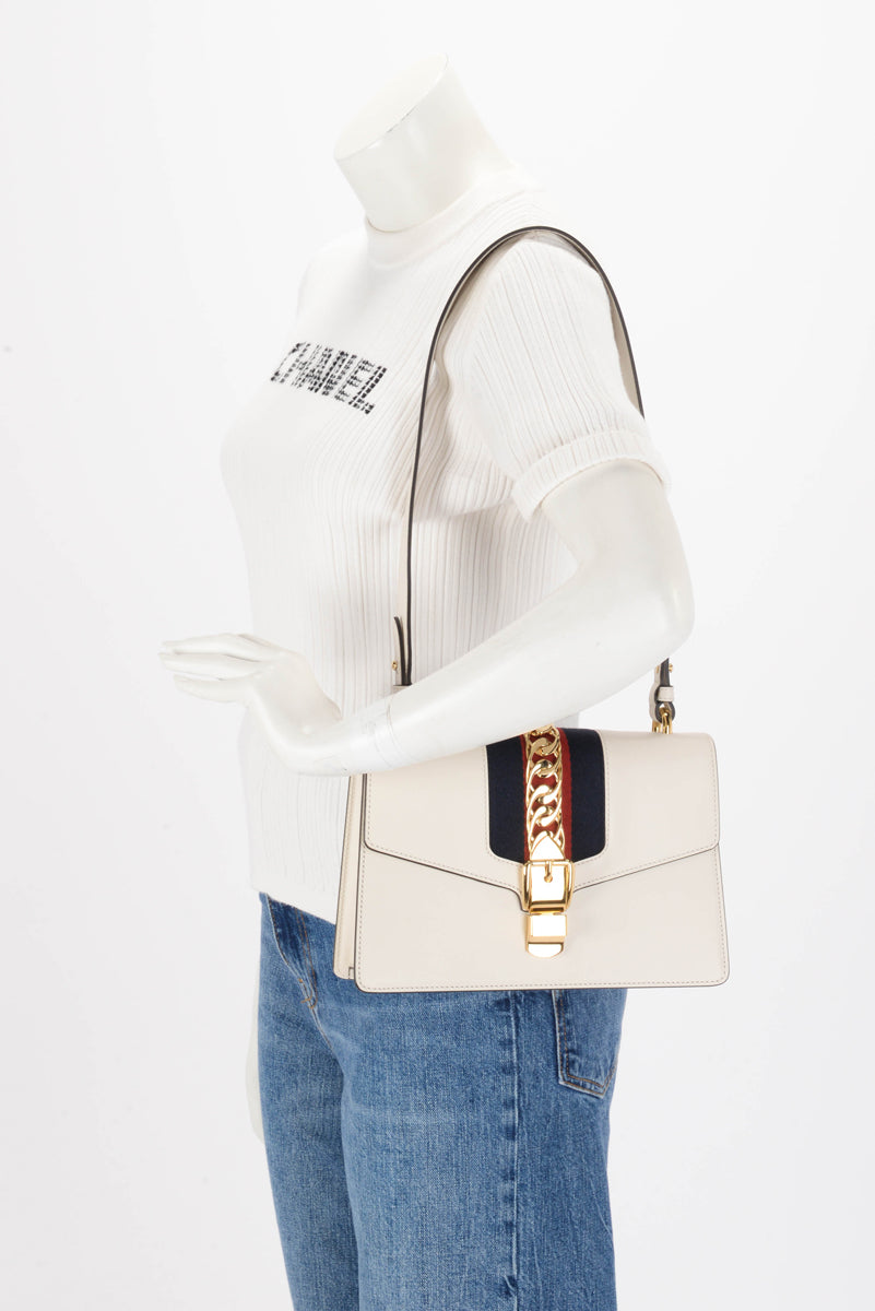 Gucci White Calfskin Small Sylvie Shoulder Bag