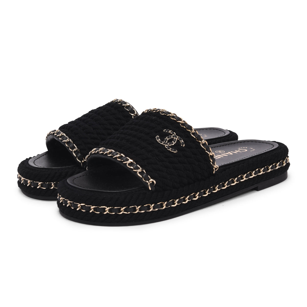 Chanel Black Braided Rope CC Platform Slides 38