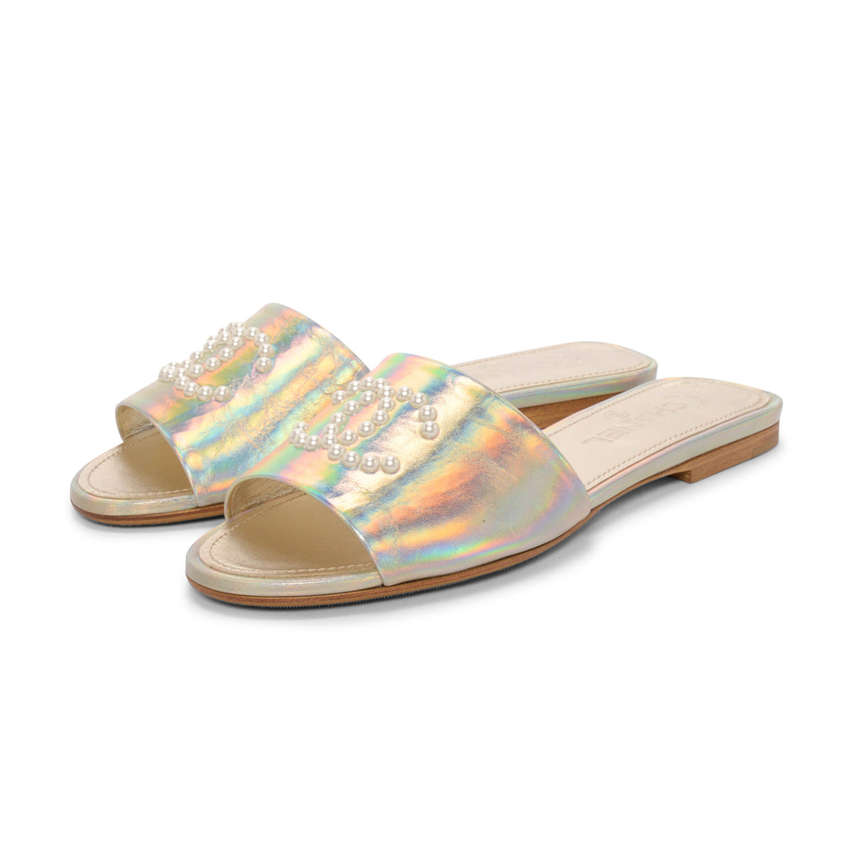 Chanel Champagne Iridescent Leather CC Pearl Slides 39