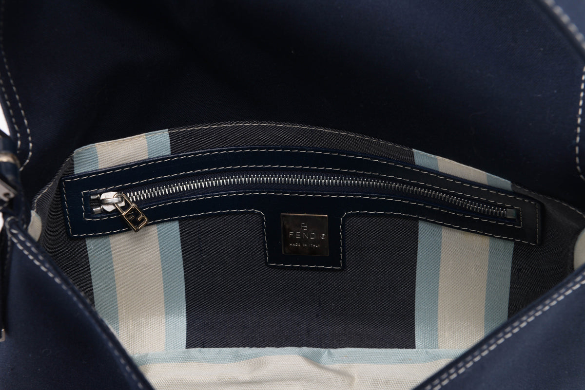 Fendi Navy Cotton Drill Enamel Clasp Baguette Bag