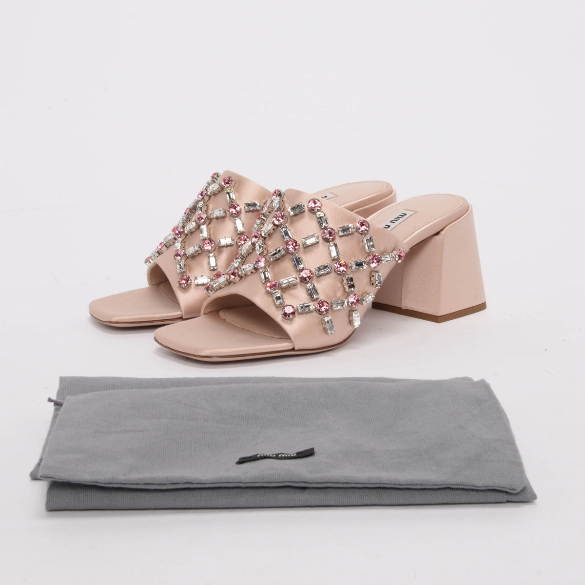 Miu Miu Blush Satin Crystal Embellished Mules 37