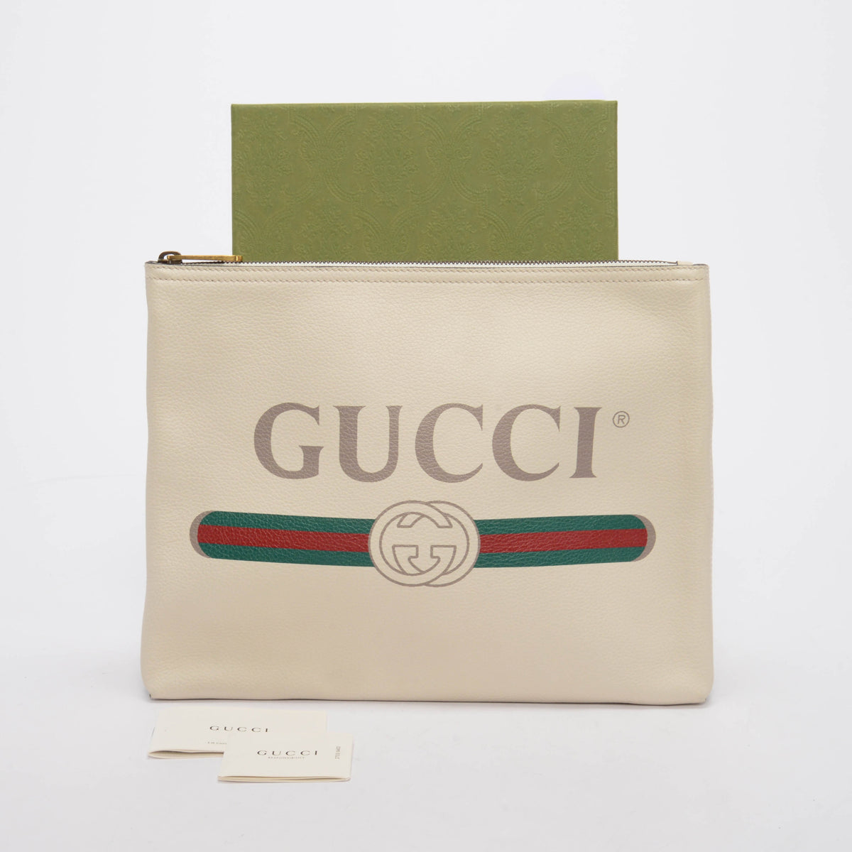 Gucci Cream Pebbled Calfskin Medium Logo Portfolio Pouch