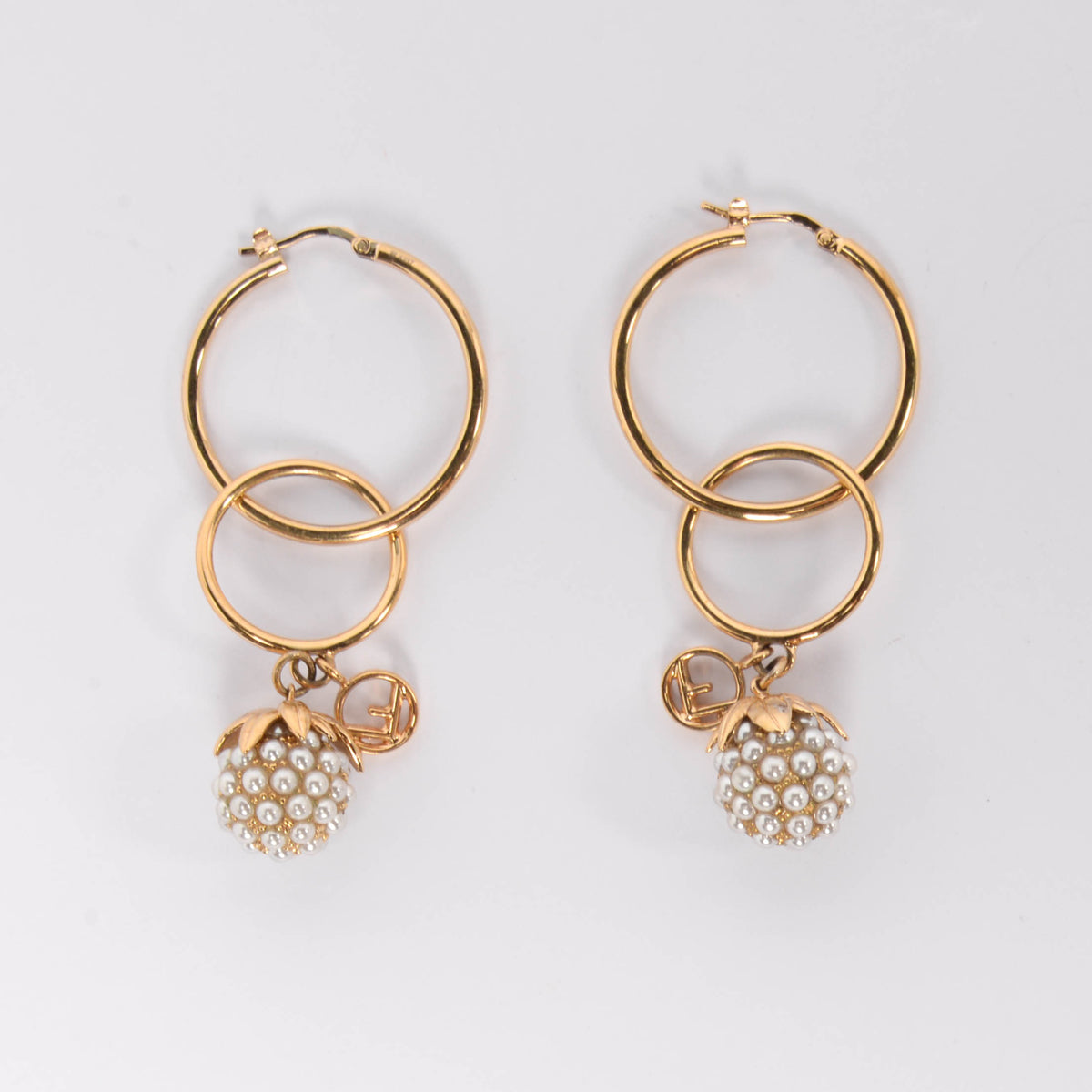 Fendi Gold Pearl Fruit Drop Hoop Earrings