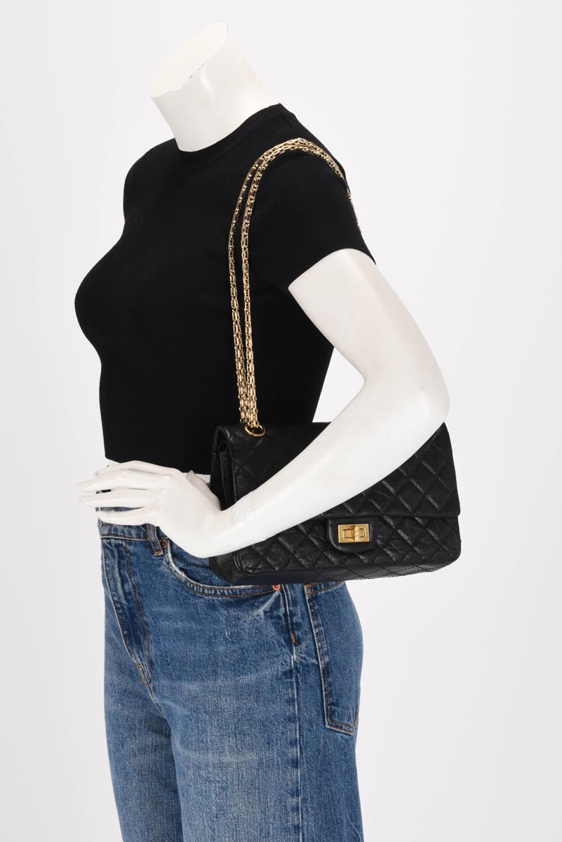 Chanel Black Distressed Calfskin 2.55 Reissue 225 Flap Bag