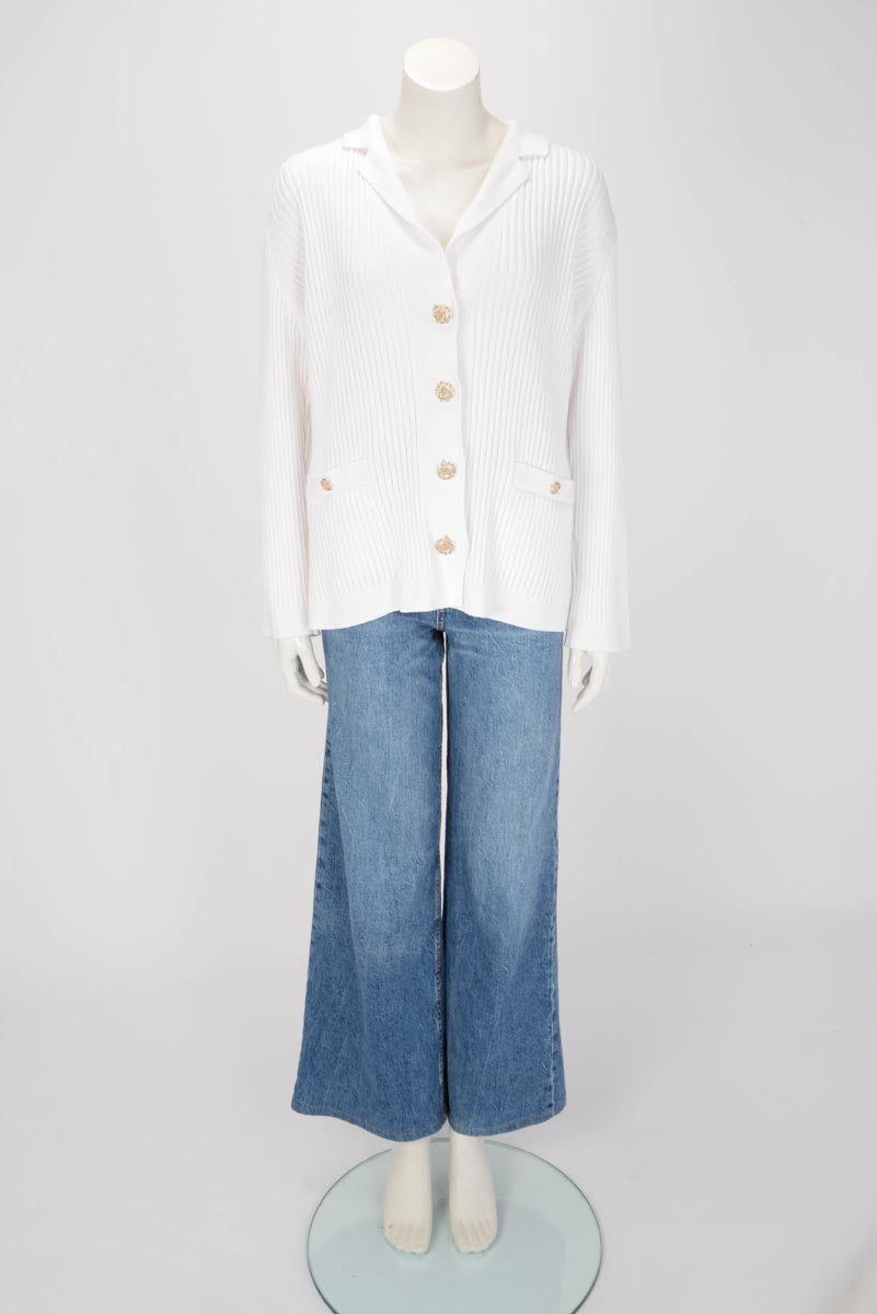Chanel White Ribbed Cotton CC Long Cardigan FR 50