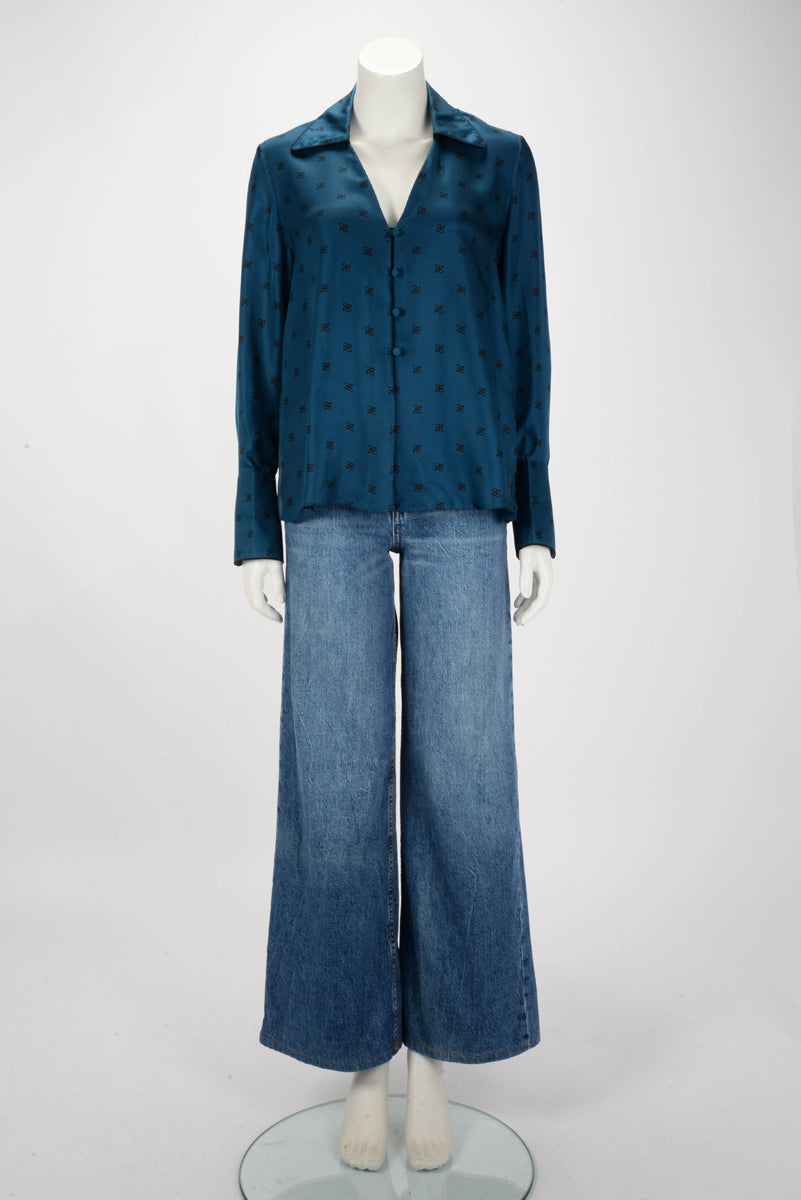 Fendi Blue Silk Karligraphy Motif Shirt IT 40