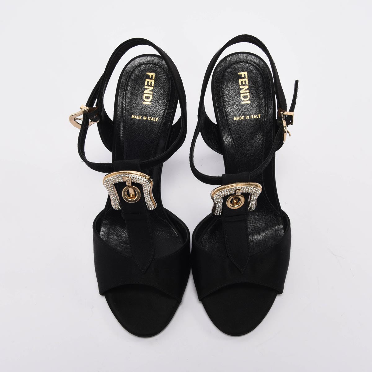 Fendi Black Satin Crystal Buckle Sandals 38