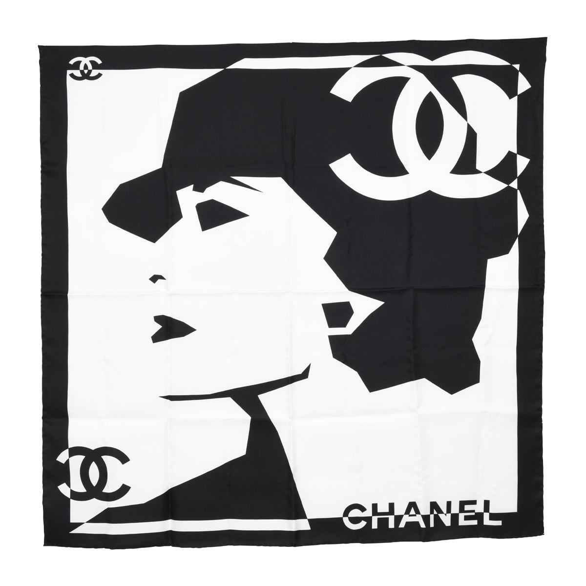 Chanel Black & White Silk CC Coco Mademoiselle Scarf