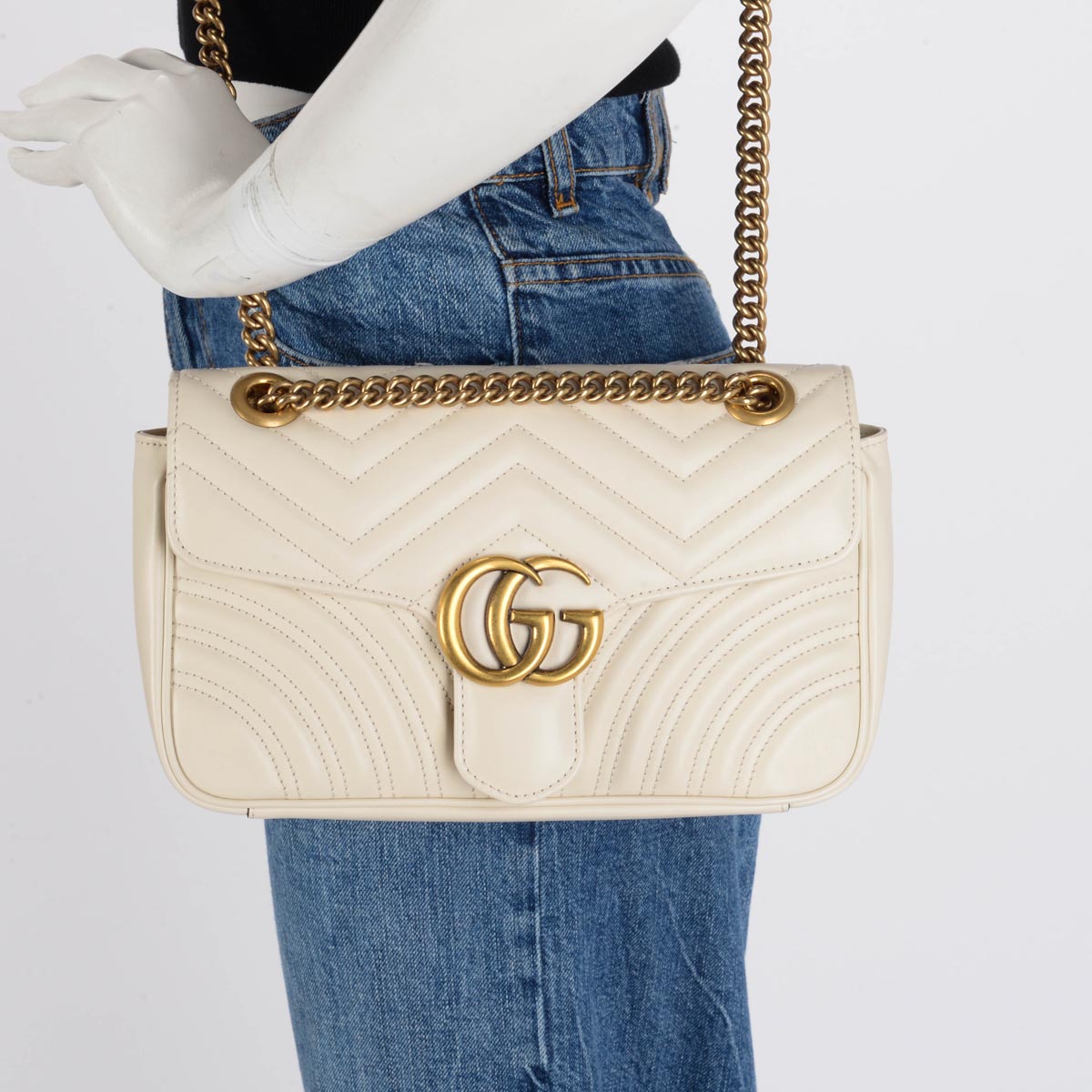 Gucci White Matelasse Small GG Marmont Shoulder Bag