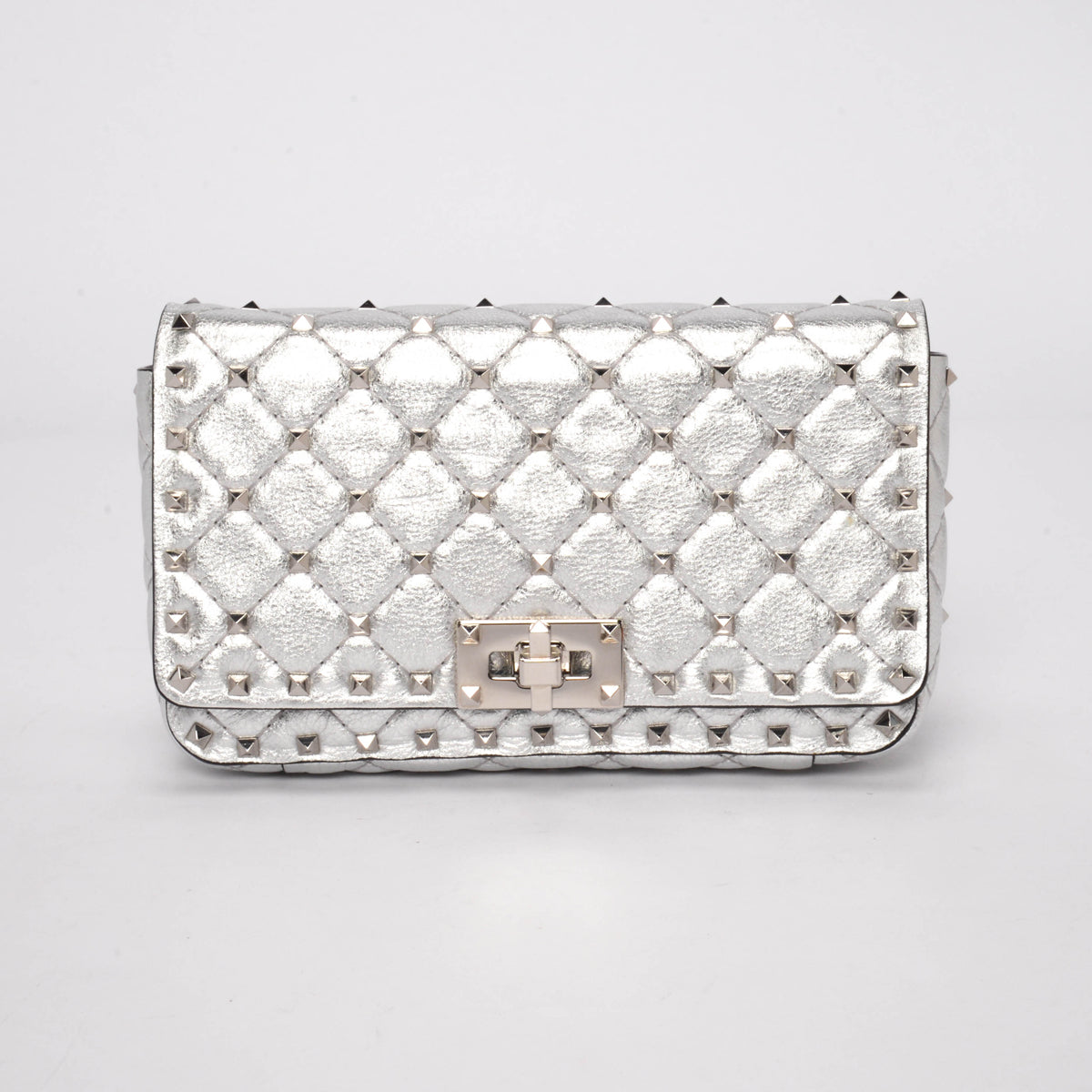 Valentino Silver Lambskin Rockstud Spike Wallet on Chain
