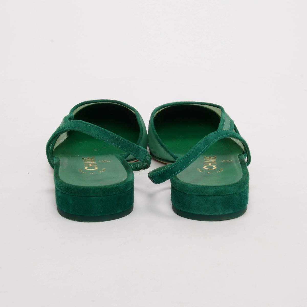 Chanel Green Suede & Mesh CC Slingback Flats 36.5