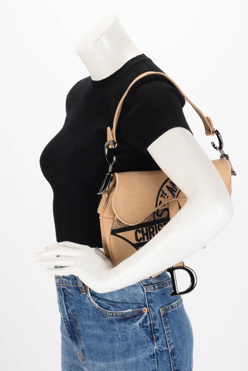Dior Beige Woven Raffia Embroidered Saddle Bag