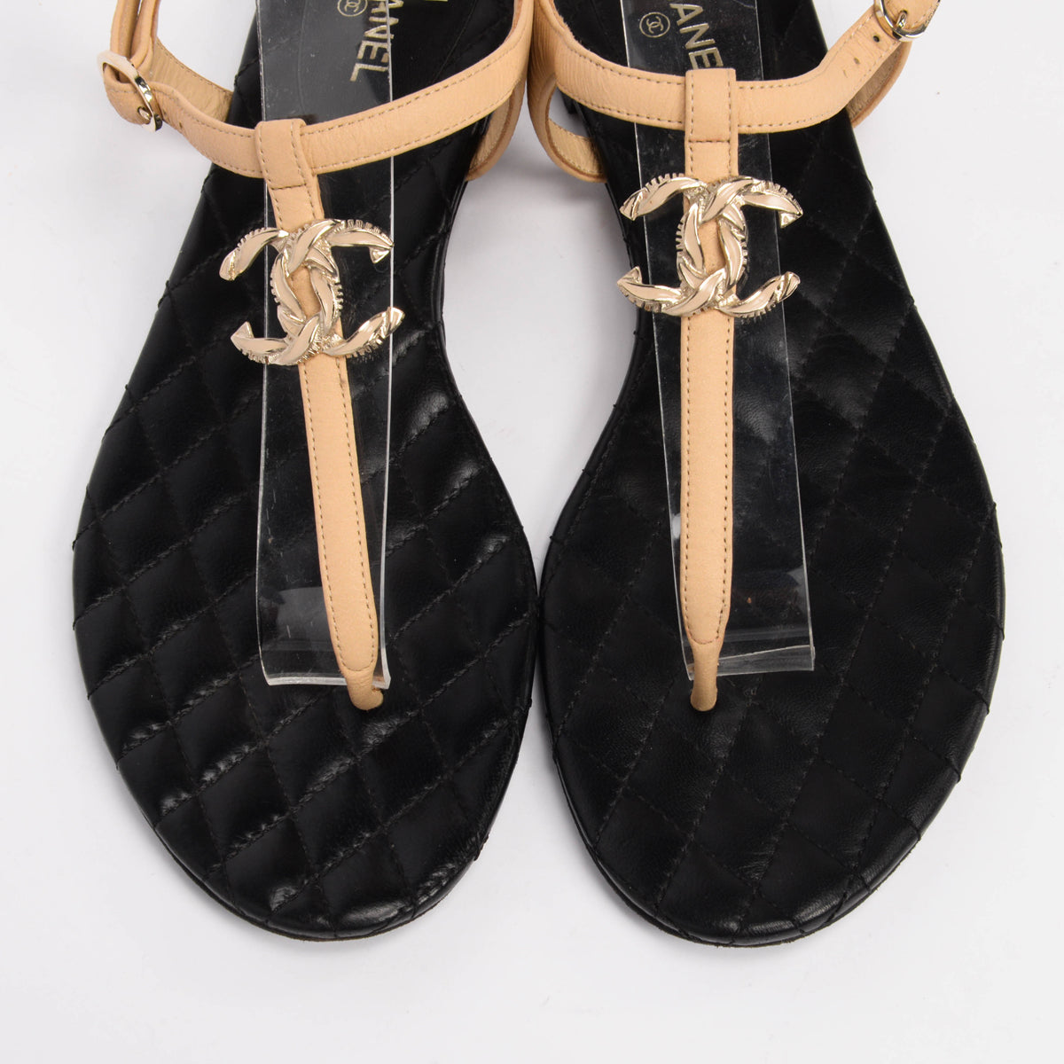 Chanel Beige & Black Quilted Lambskin CC Thong Sandals 40.5