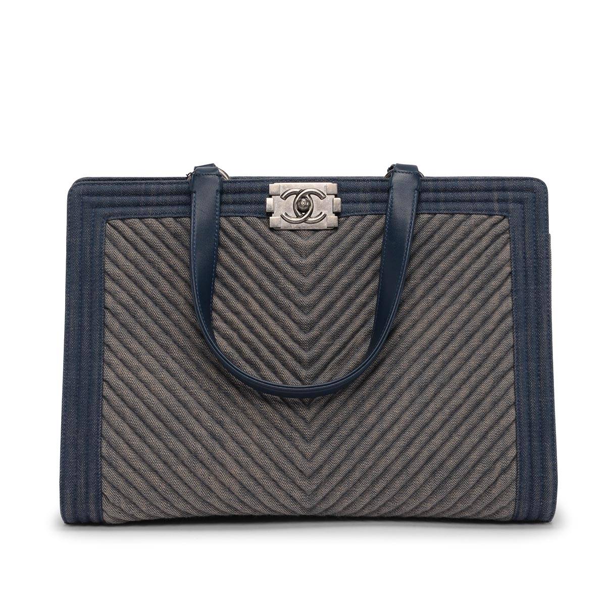 Chanel Light Blue Chevron Denim Boy Tote