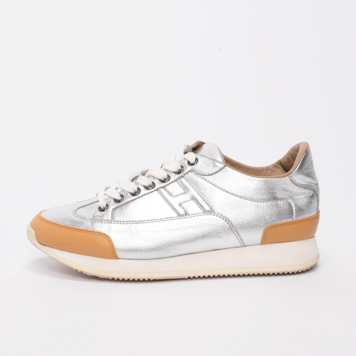 Hermes Silver Metallic Leather H Sneakers 37