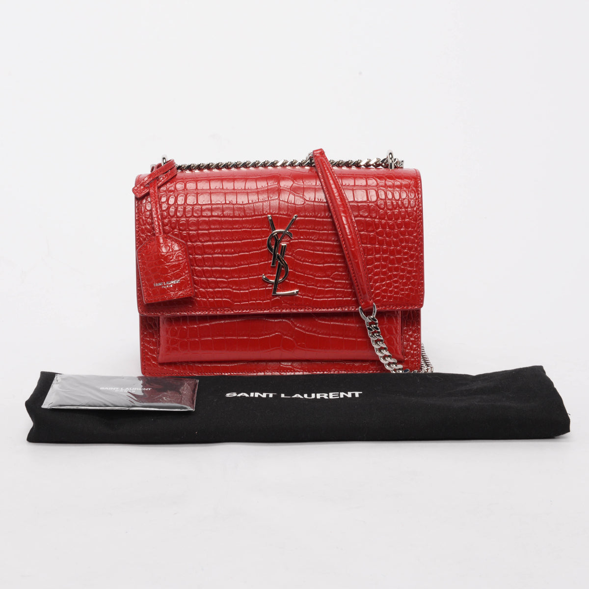 Saint Laurent Red Croc Embossed Medium Sunset Shoulder Bag