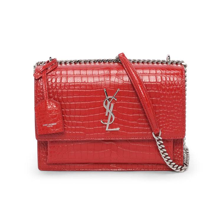 Saint Laurent Red Croc Embossed Medium Sunset Shoulder Bag