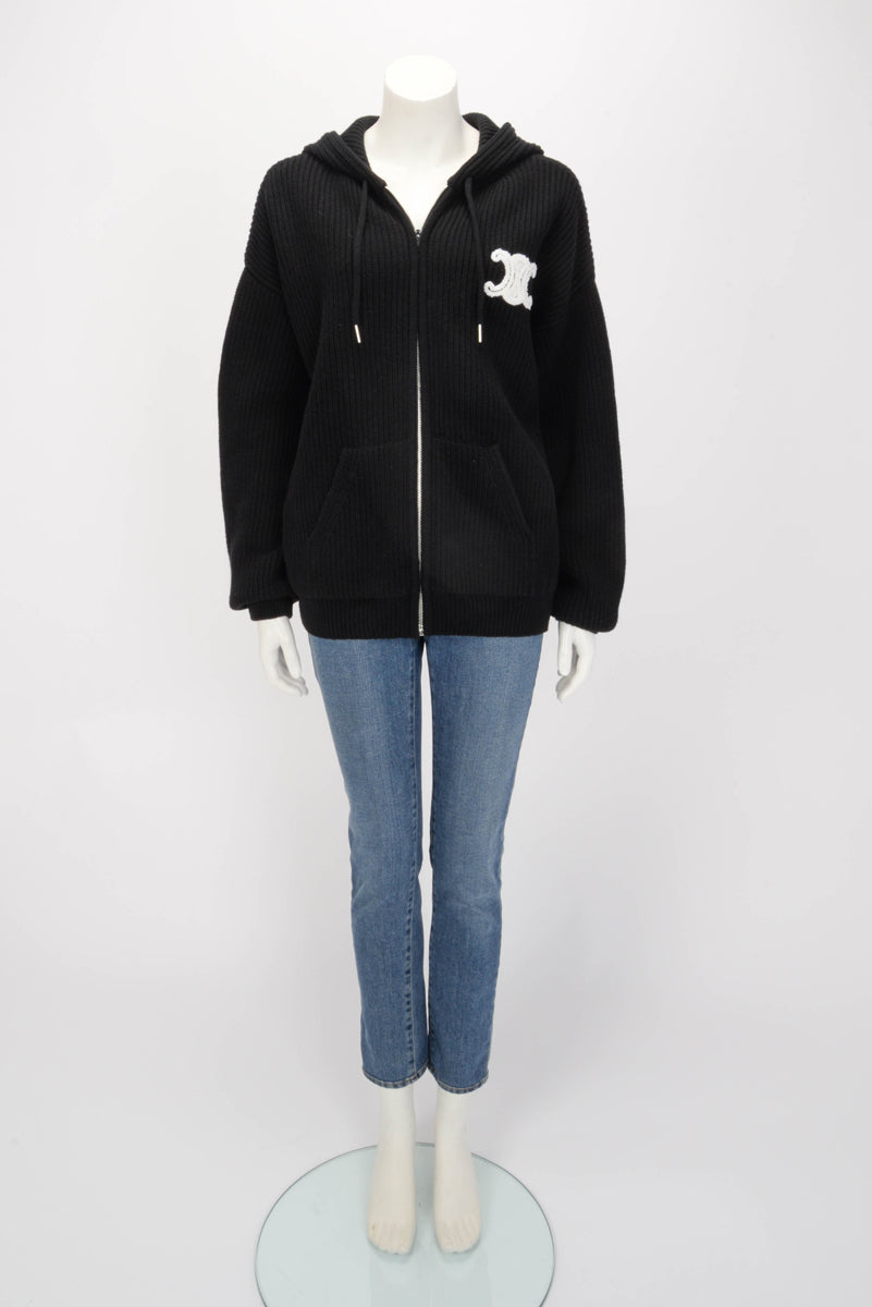 Celine Black Ribbed Wool Hooded Zip Jacket