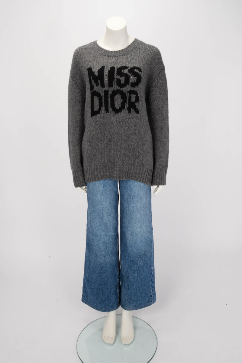 Dior Grey Cashmere Miss Dior Graffiti Motif Long Sweater FR 38