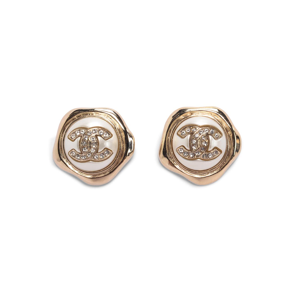 Chanel Gold Tone Pearl Crystal CC Stud Earrings