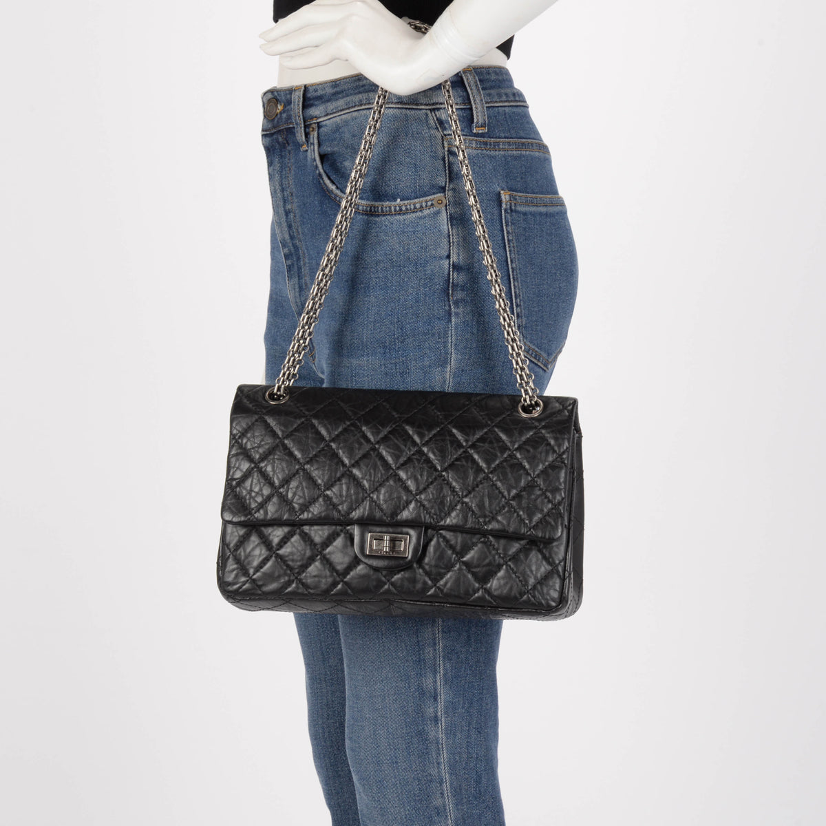 Chanel Black Distressed Calfskin 2.55 Reissue 226 Flap Bag