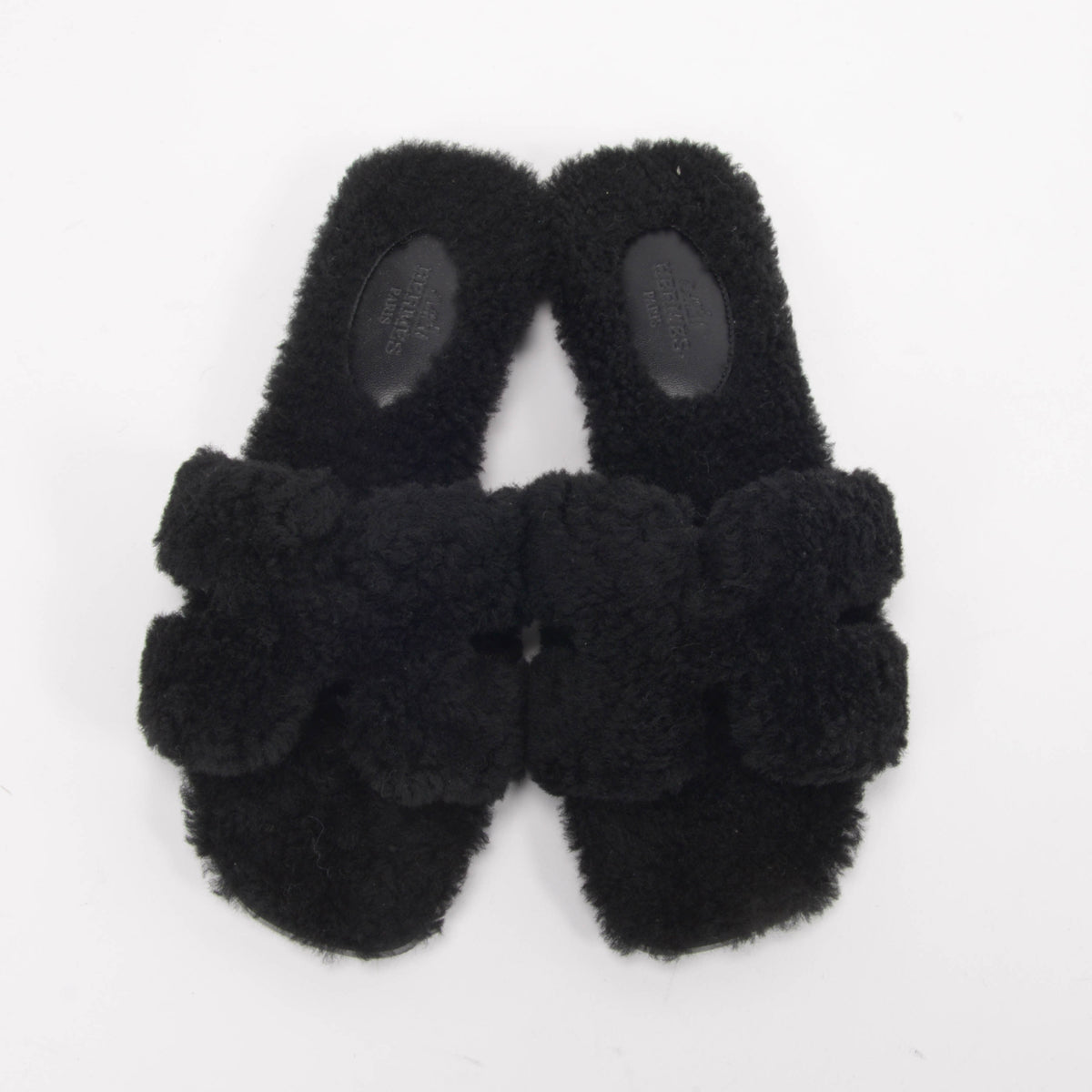 Hermes Black Shearling Oran Sandals 35