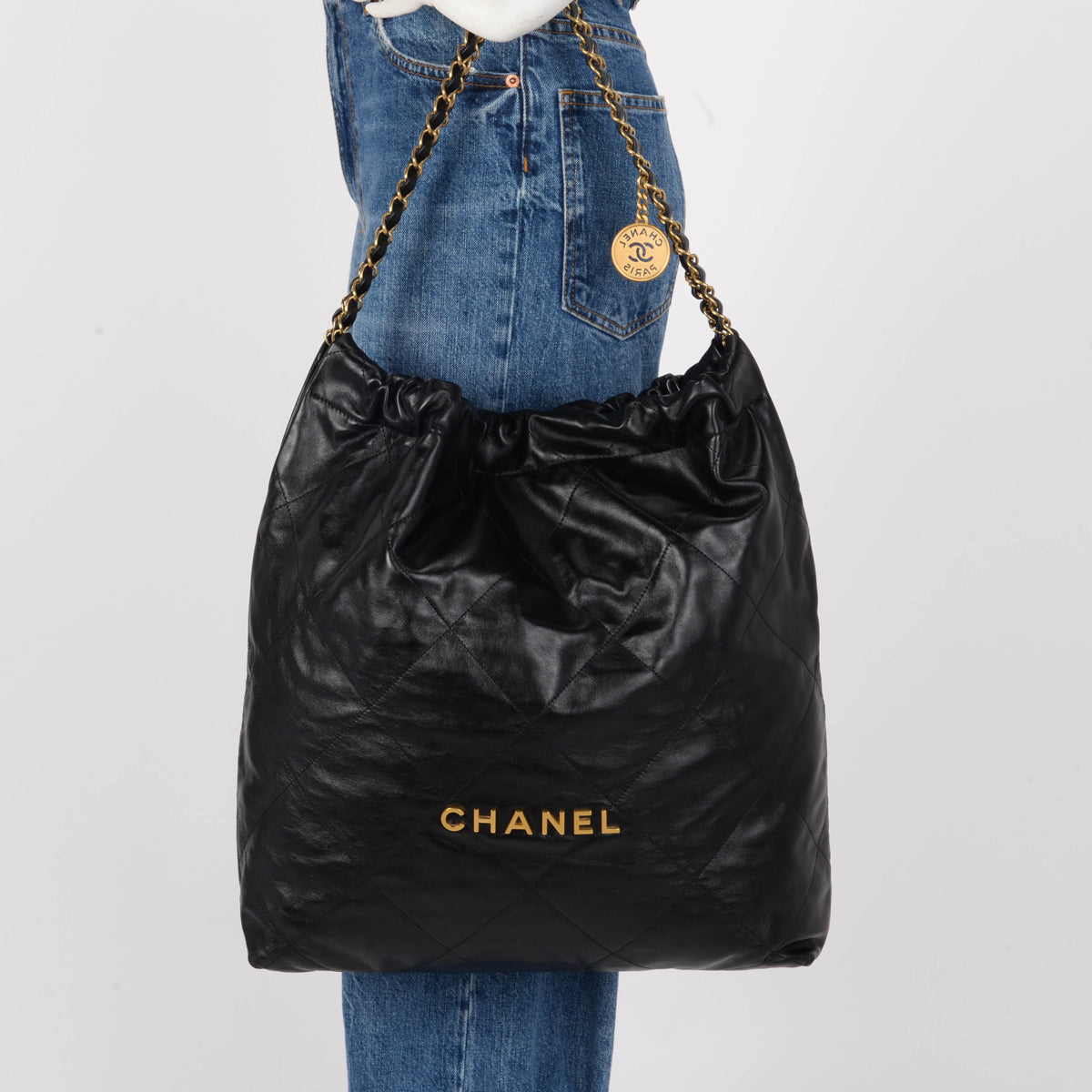 Chanel Black Shiny Calfskin Large 22 Bag