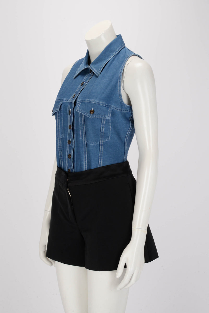 Saint Laurent Blue Stretch Denim Button Up Bodysuit FR 42