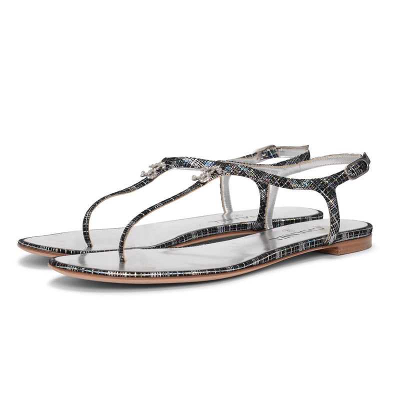 Chanel Black Iridescent CC Thong Sandals 40.5 - Blue Spinach