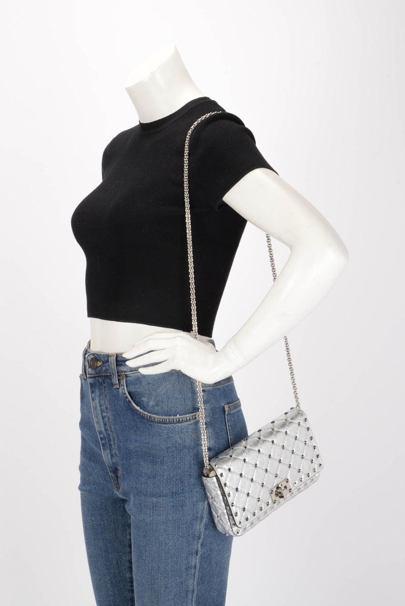 Valentino Silver Lambskin Rockstud Spike Wallet on Chain