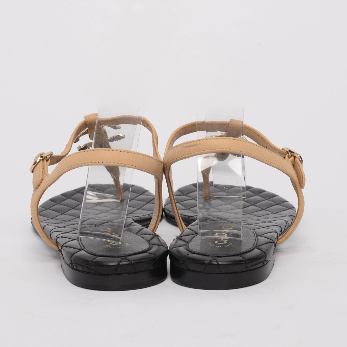 Chanel Beige & Black Quilted Lambskin CC Thong Sandals 40.5