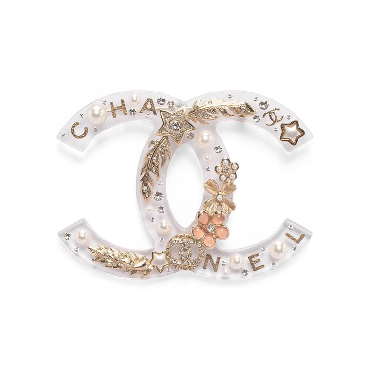 Chanel Light Gold Clear Resin XL CC Brooch