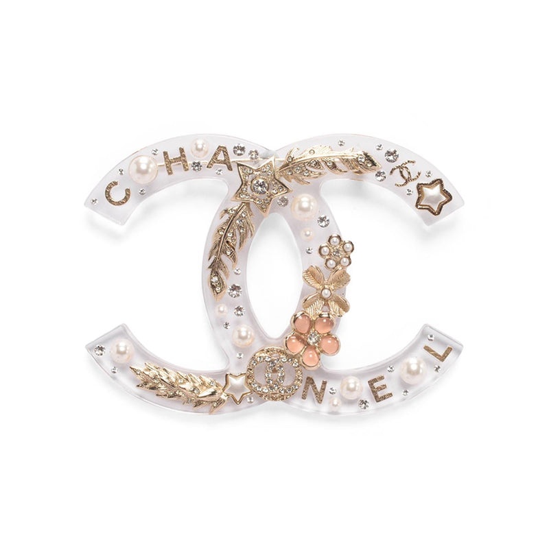 Chanel Light Gold Clear Resin XL CC Brooch - Blue Spinach