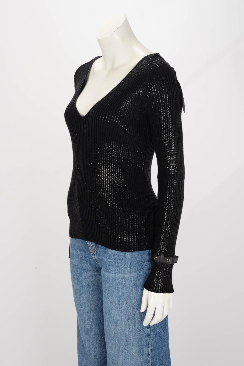 Dior Black Wool Glitter Knit Buckle Detail Sweater FR 42