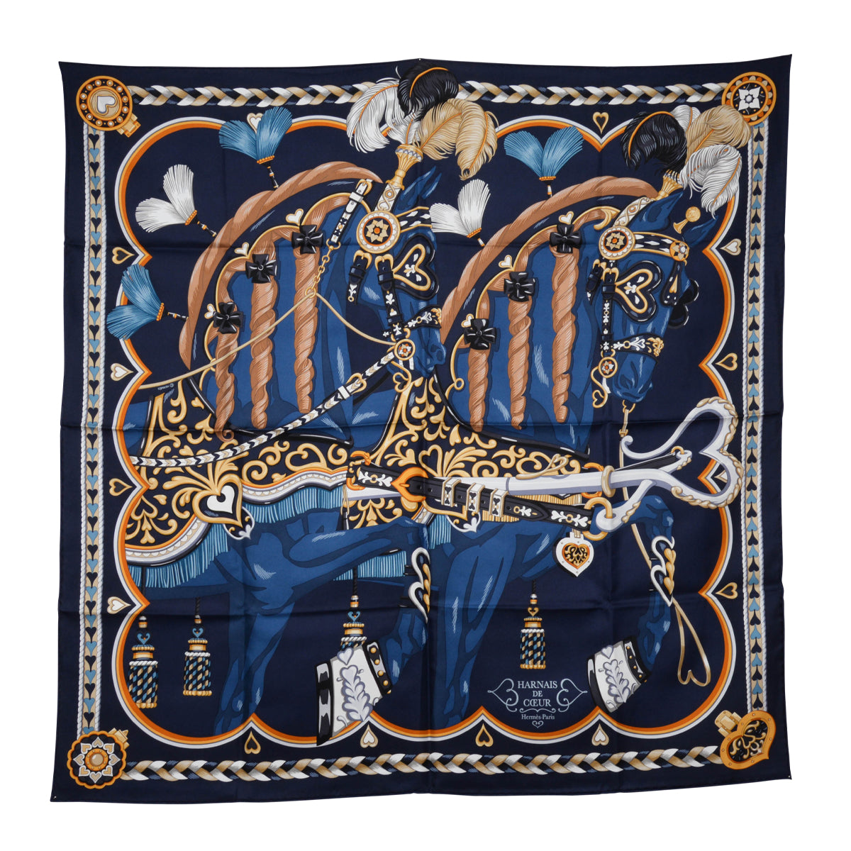 Hermes Marine Fonce Silk Harnais de Coeur Scarf